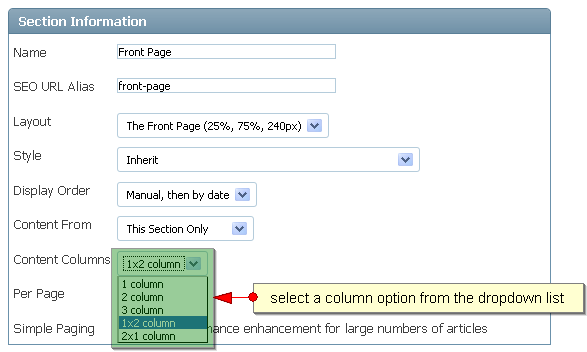 Modification de la mise en page du contenu de la section