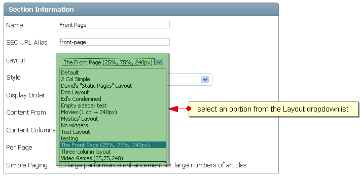 Modification de la mise en page de la section