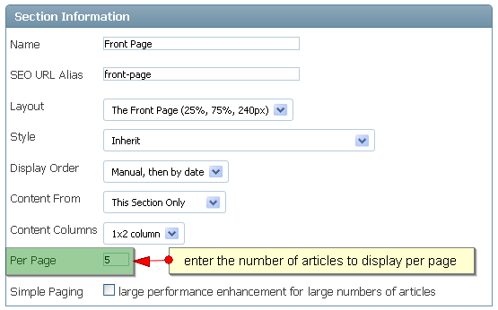 Section - Articles par page